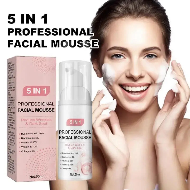 5-in-1 Professional Facial Mousse product with packaging and promotional image.