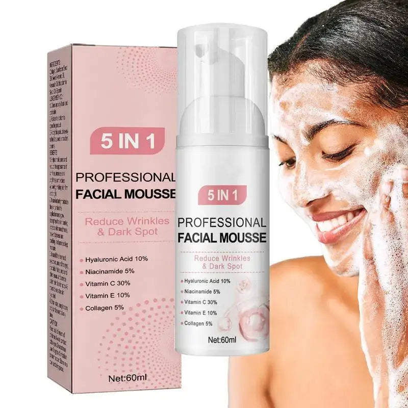 5-in-1 Professional Facial Mousse product with packaging and usage demonstration.