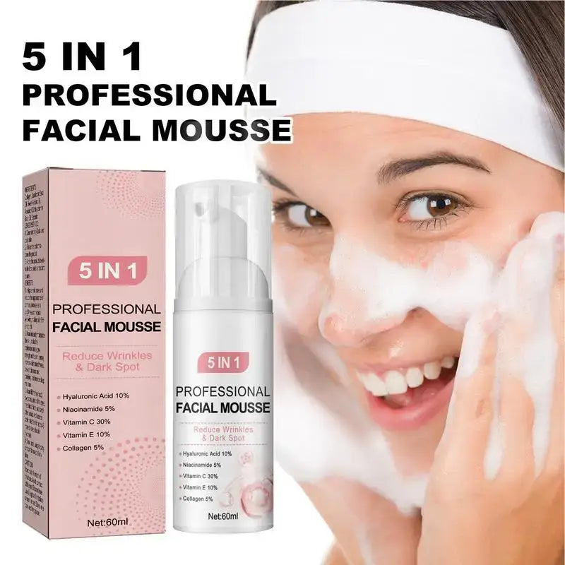 Professional facial mousse product with ’5 in 1’’ benefits advertised on its packaging.