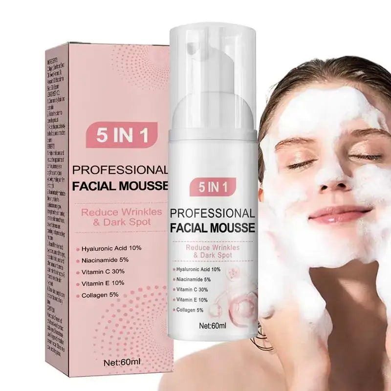 Professional facial mousse product with ’5 in 1’’ benefits, shown with packaging and application demonstration.