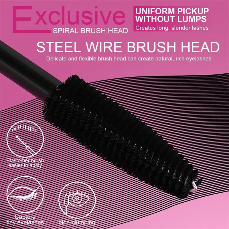 Black spiral mascara brush with steel wire bristles.