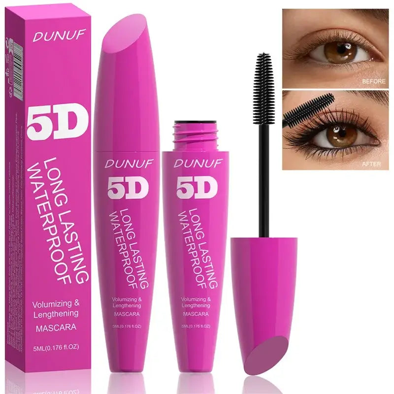 Bright pink mascara product with ’5D’ branding and accompanying eye close-ups.