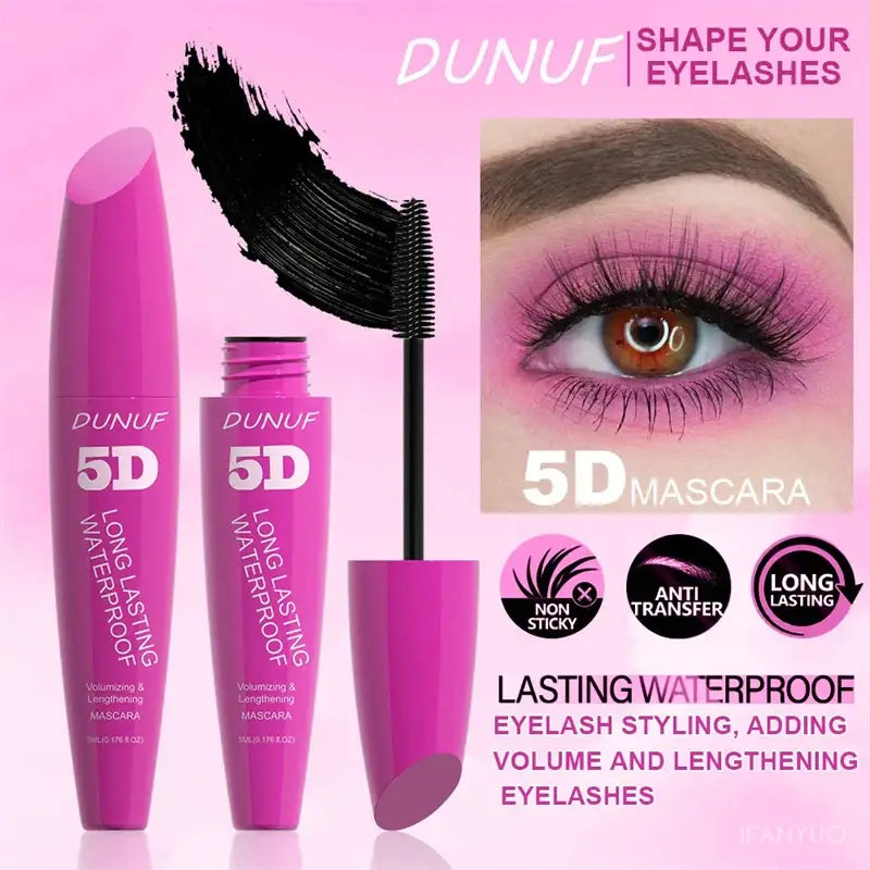 Pink mascara tube with ’5D’ branding and a close-up of an eye with long, voluminous lashes.