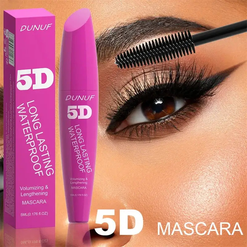 Pink tube of 5D volumizing and lengthening mascara with an application wand shown next to a close-up eye with dramatic lashes.