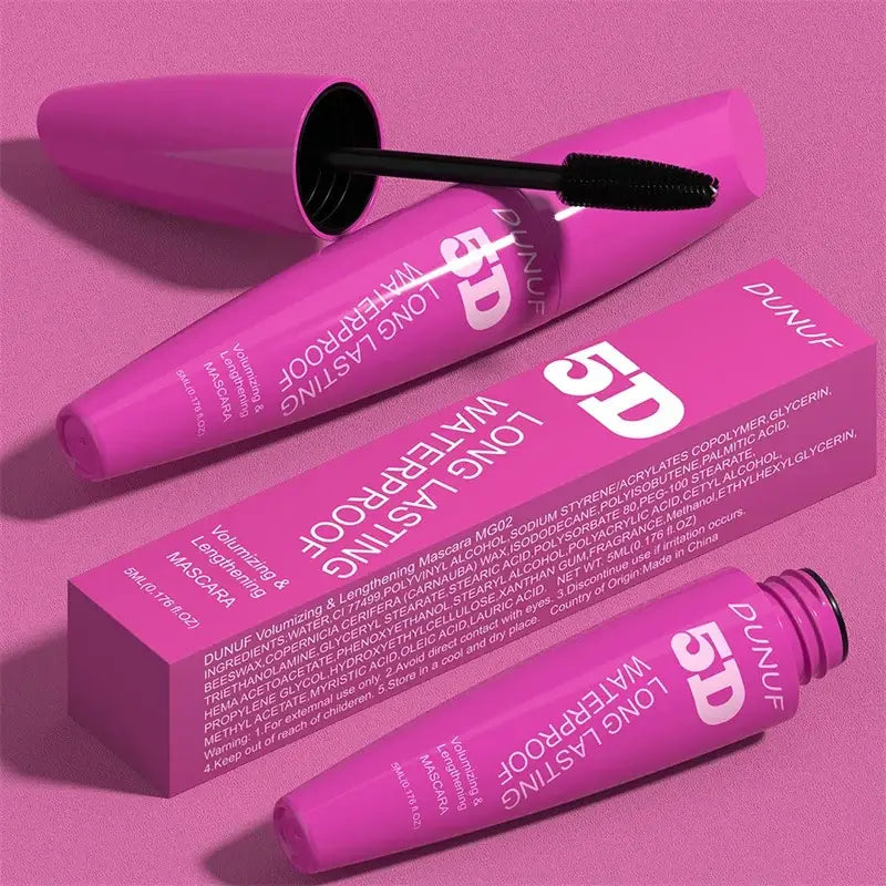 Pink mascara tube and packaging from the brand ’5D’.