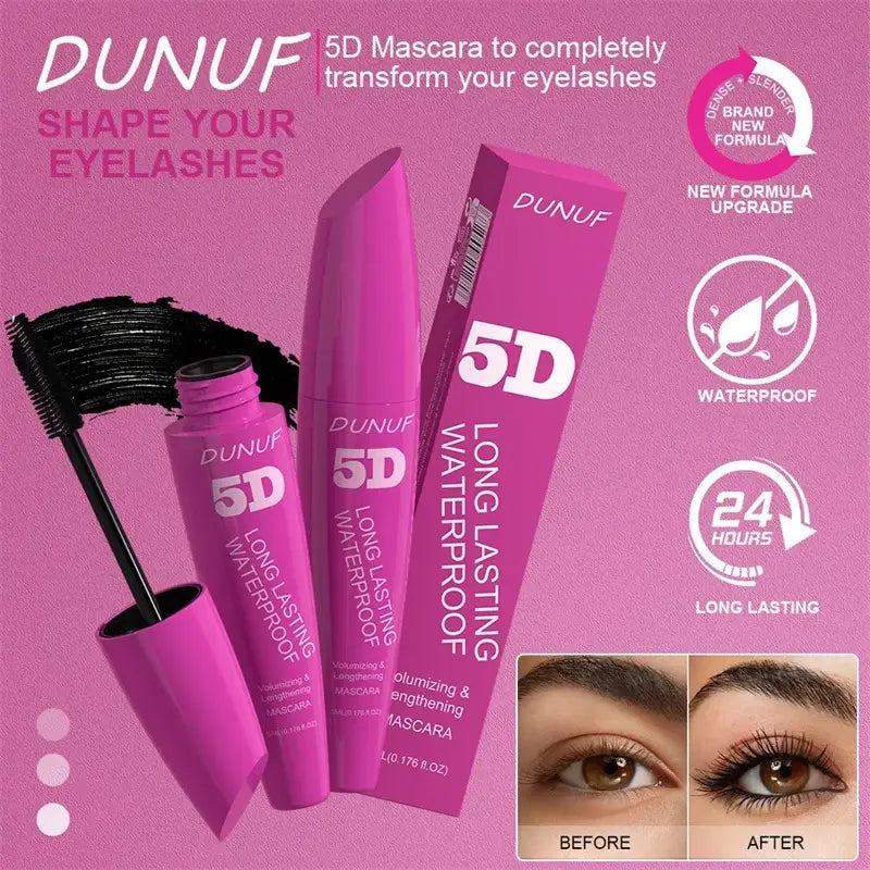 Pink mascara tube and wand for 5D eyelash enhancement.