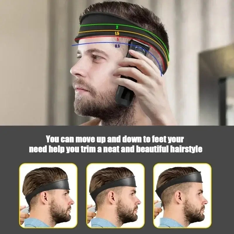 Adjustable headband device for guiding haircuts and trimming facial hair.