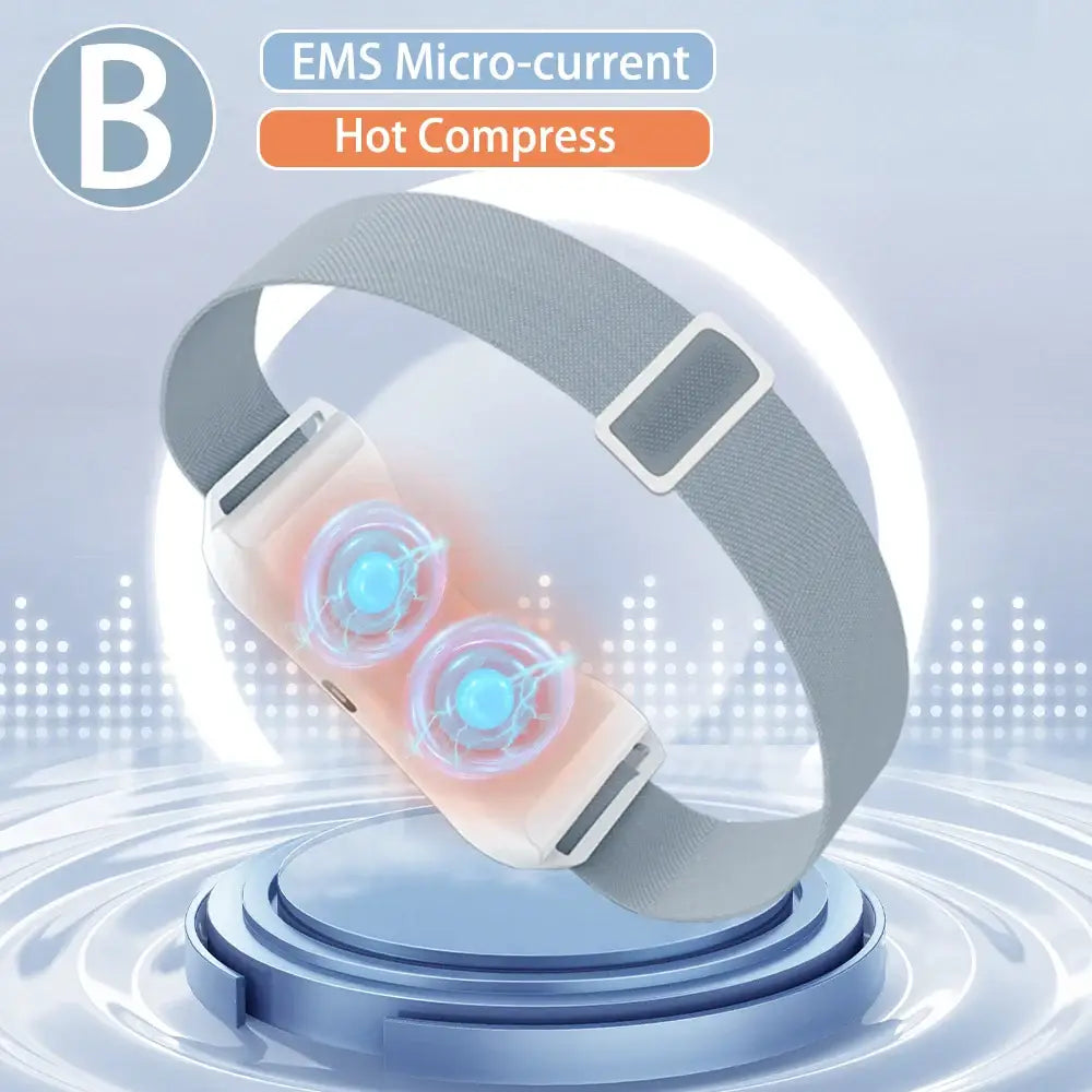 Curved wearable device with two glowing circular pads for EMS micro-current and hot compress therapy.