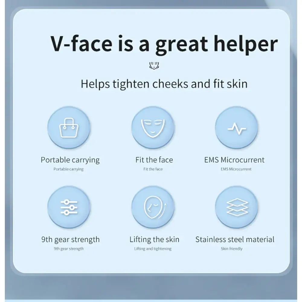 Infographic about a beauty device called V-face, highlighting its features and benefits.