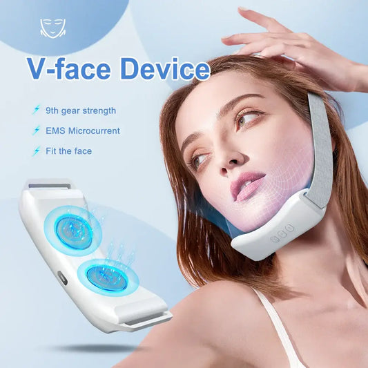 V-shaped facial device with blue illuminated panels for skincare treatments.