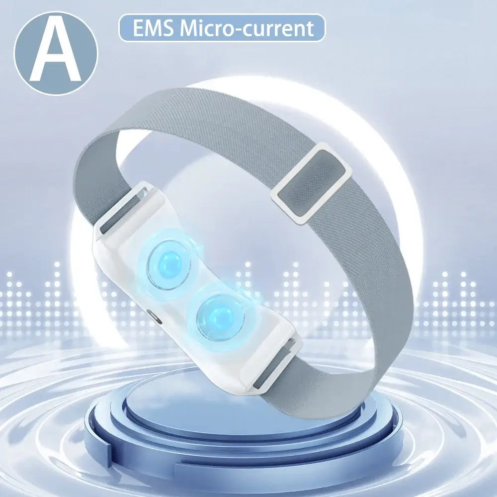 Wearable EMS micro-current device with a curved band and two blue illuminated nodes.