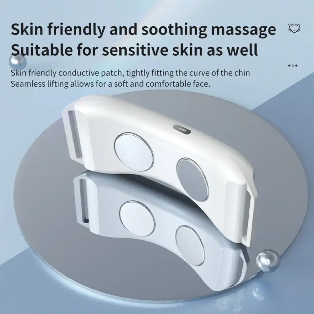 White curved device with circular patches, designed to fit under the chin for skin-friendly massage.