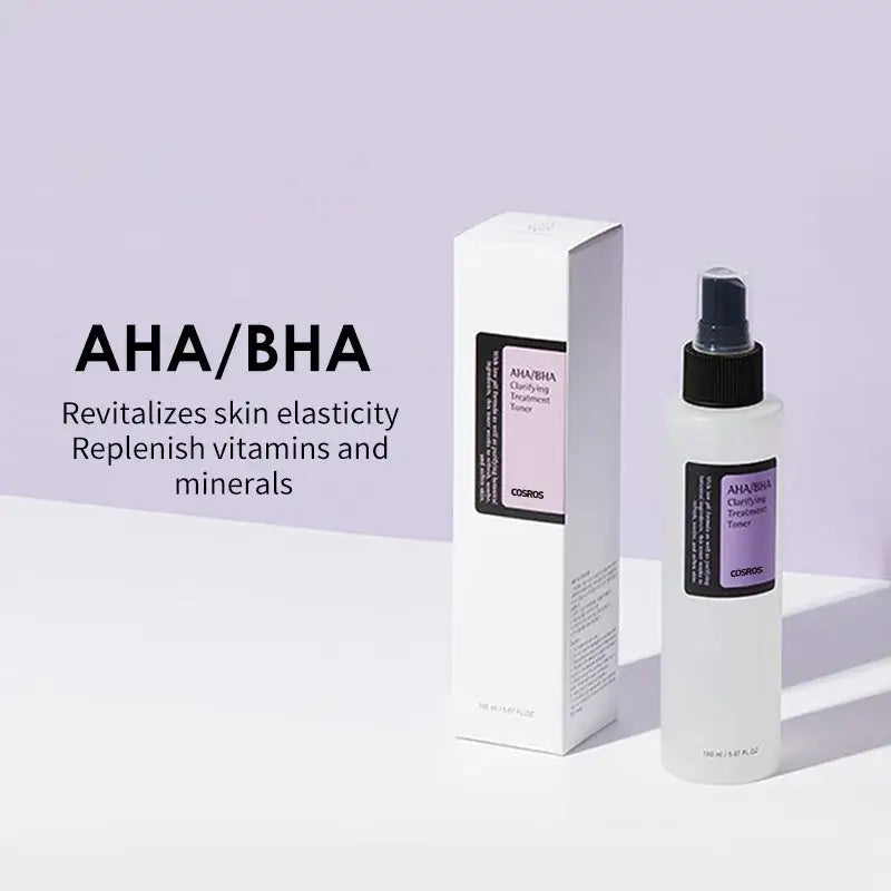 Skincare product bottle with AHA/BHA formula and its packaging box.