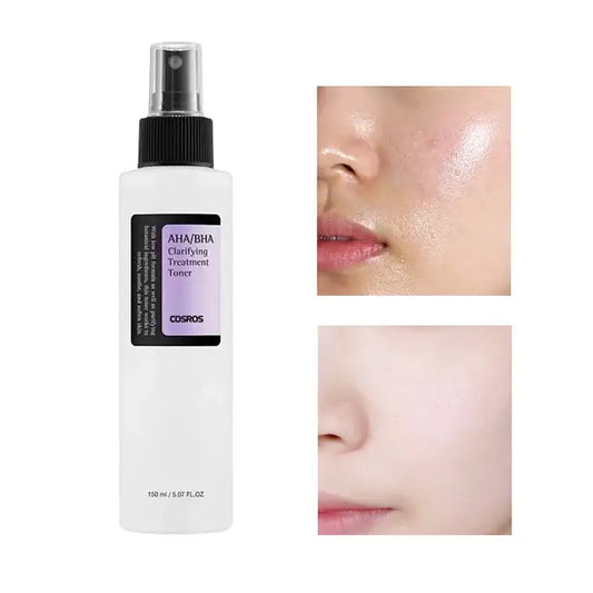 Spray bottle of AHA/BHA Clarifying Treatment Toner with before and after skin close-ups.