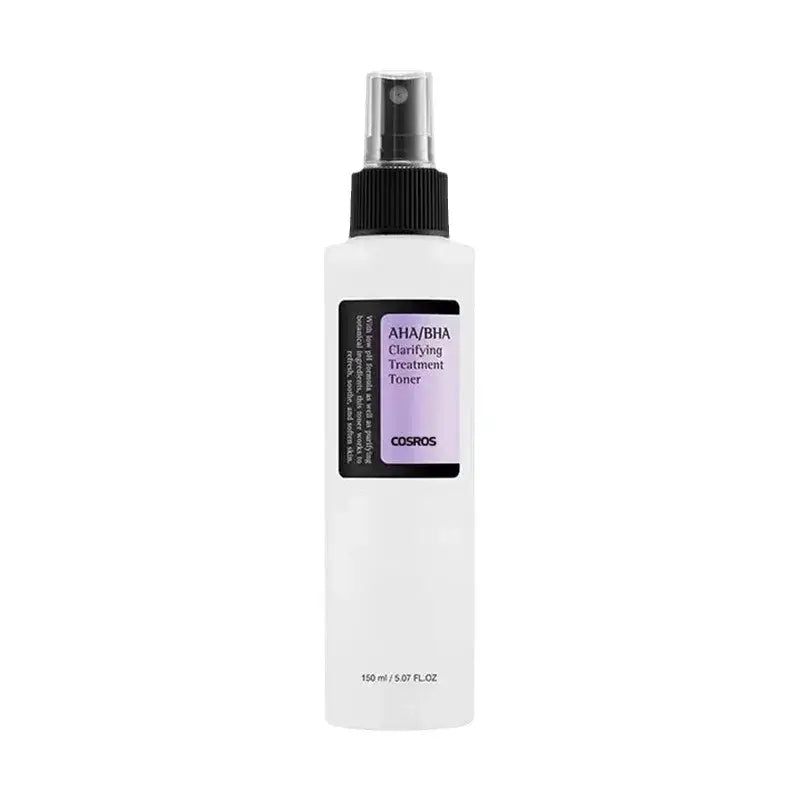 White spray bottle with a purple and black label for AHA/BHA peel solution.