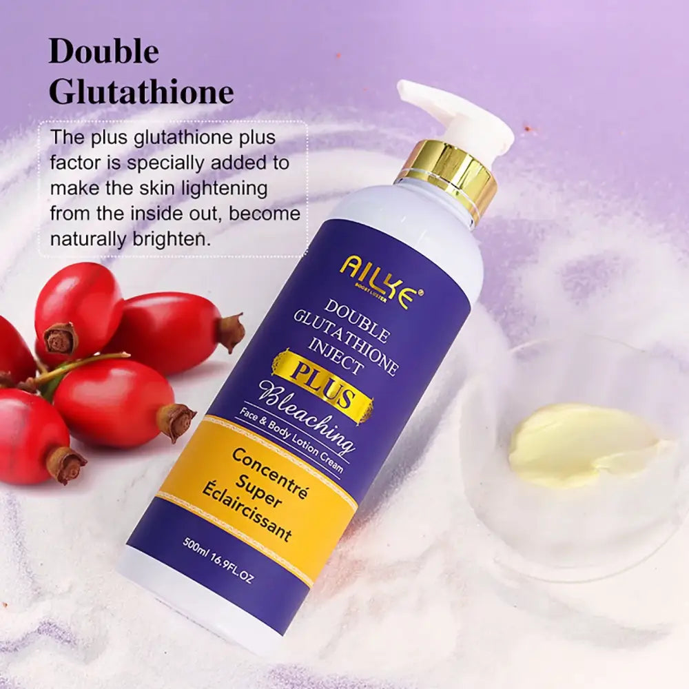 Blue and gold bottle of Double Glutathione skin lightening lotion.