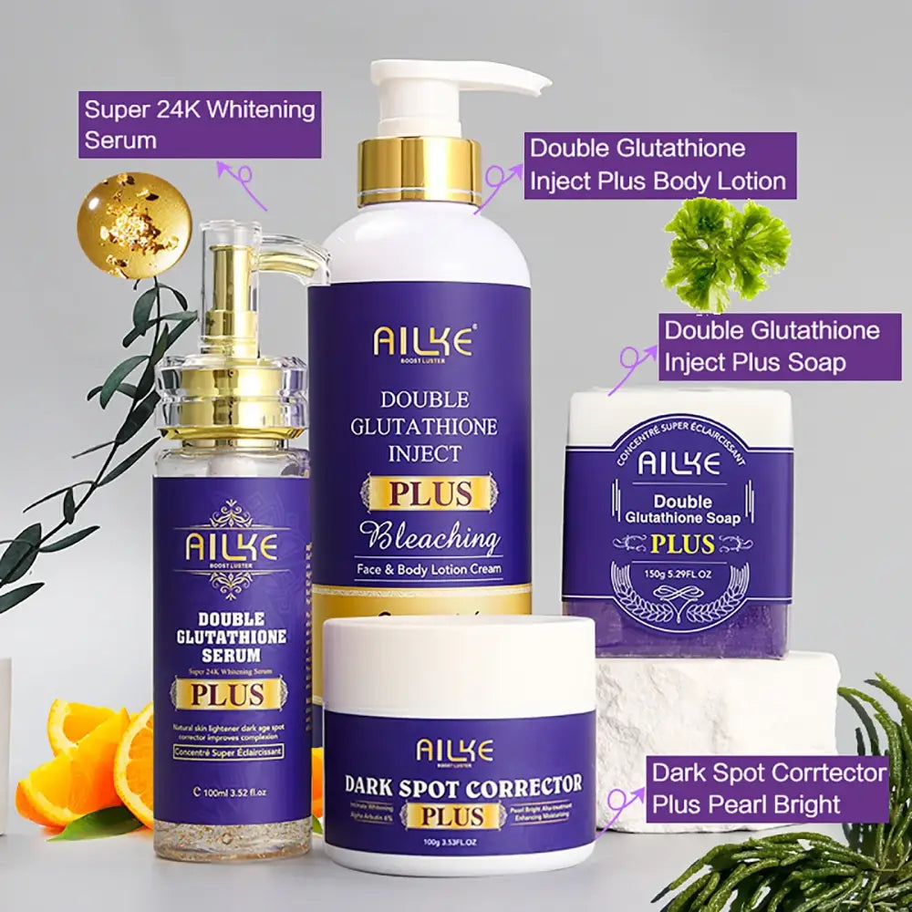 Collection of skincare products from the brand Ailye, featuring serums, lotions, and soaps.