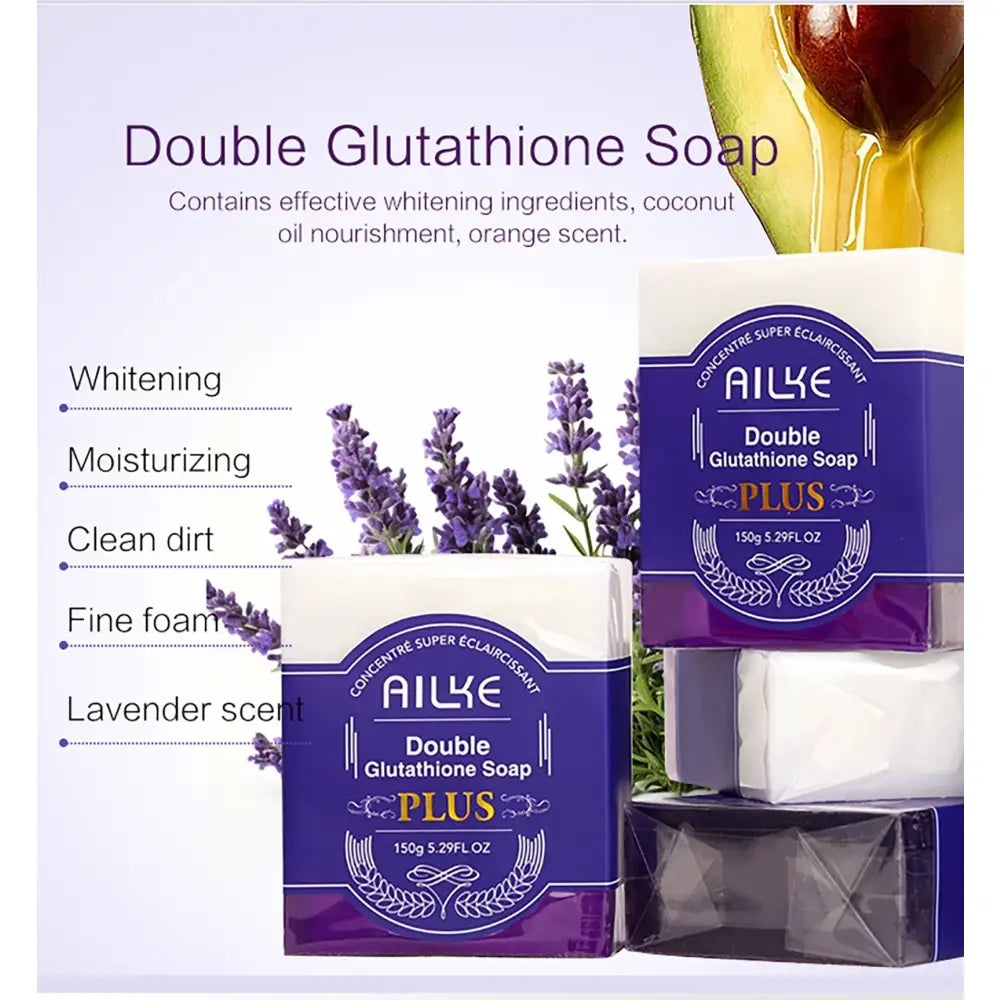 Double Glutathione Soap product with purple packaging, highlighting whitening and moisturizing properties.