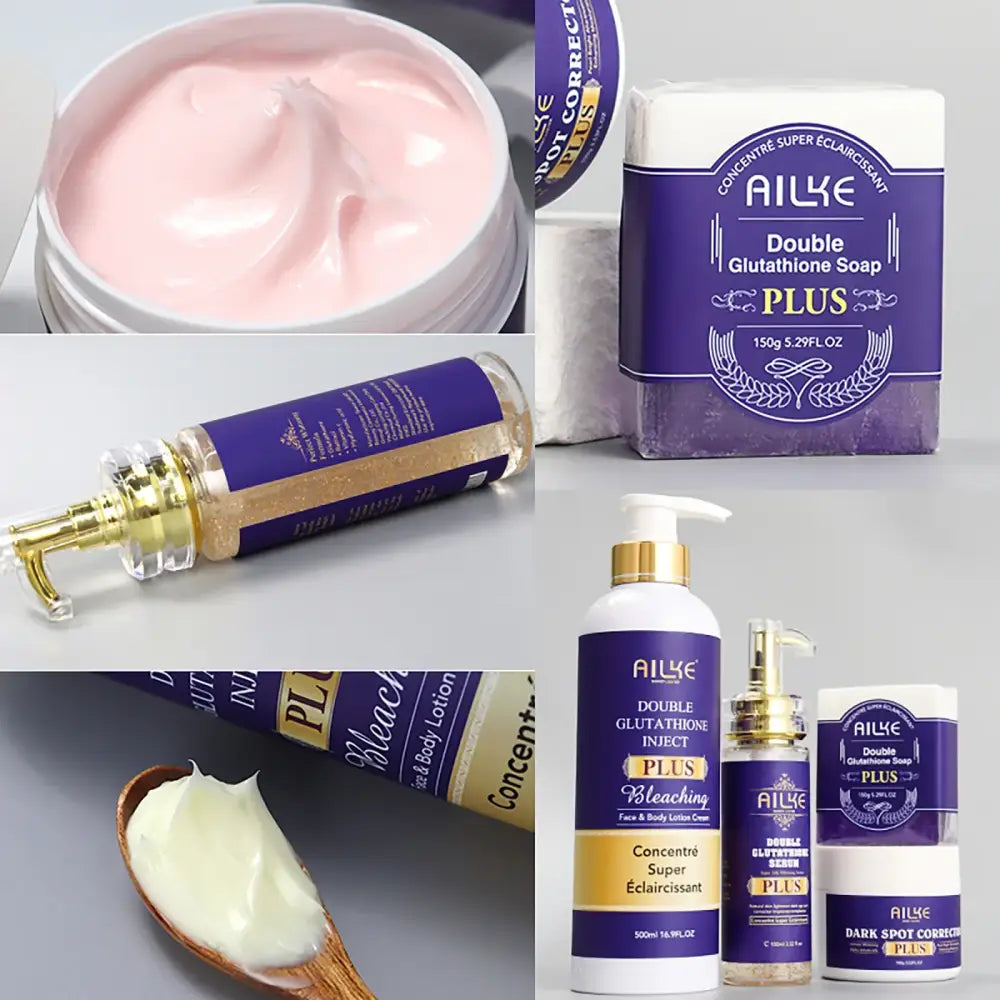 Collection of skincare products from the brand Ailke, featuring purple packaging and various formulations.