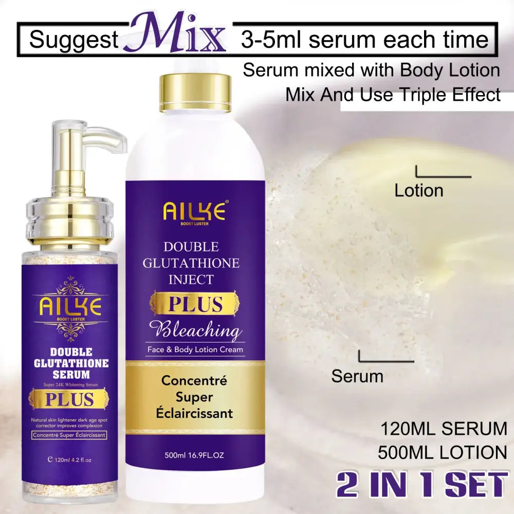 Purple and gold skincare product set featuring a serum and lotion for glutathione and bleaching effects.