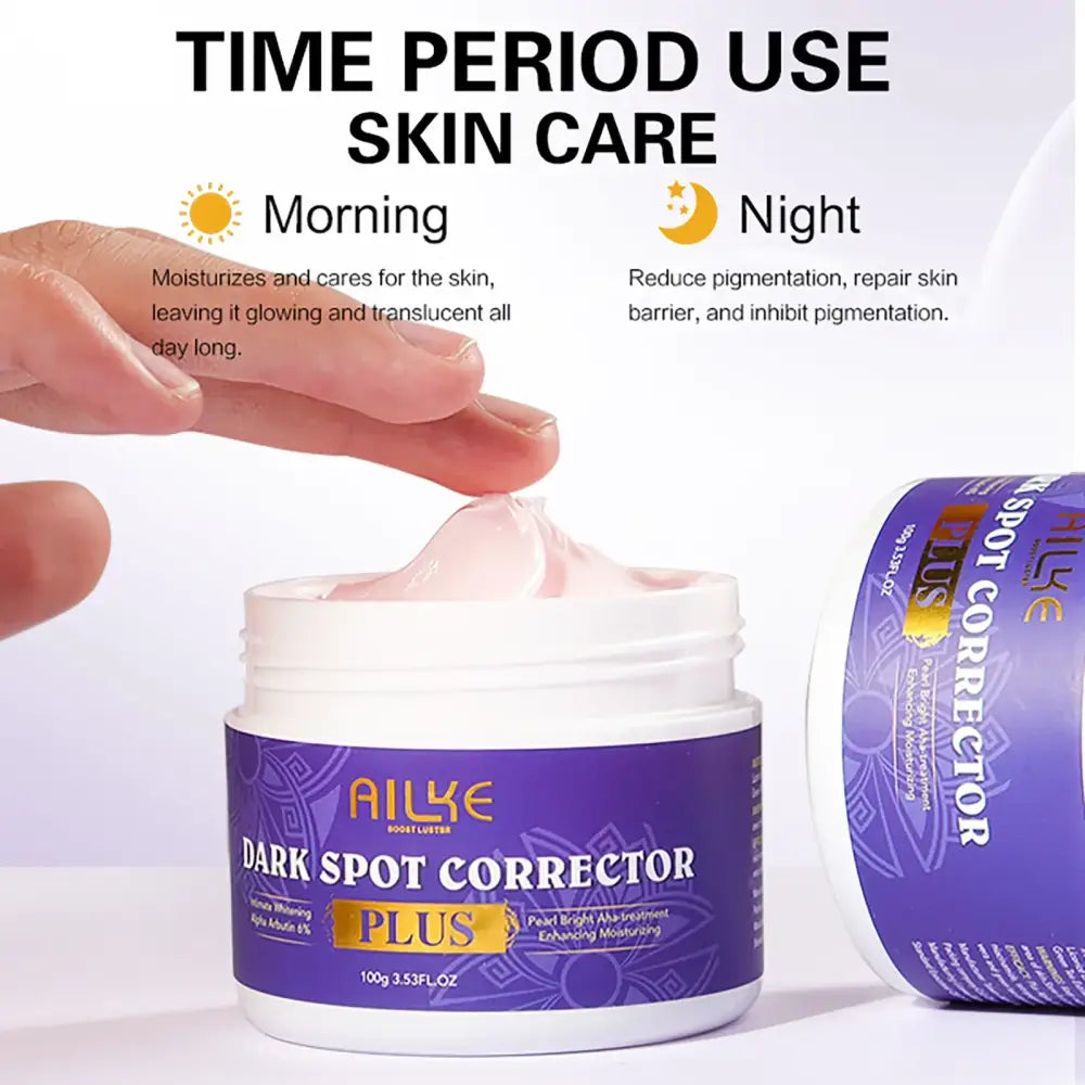 Purple jar of Ailke Dark Spot Corrector Plus skin care cream.