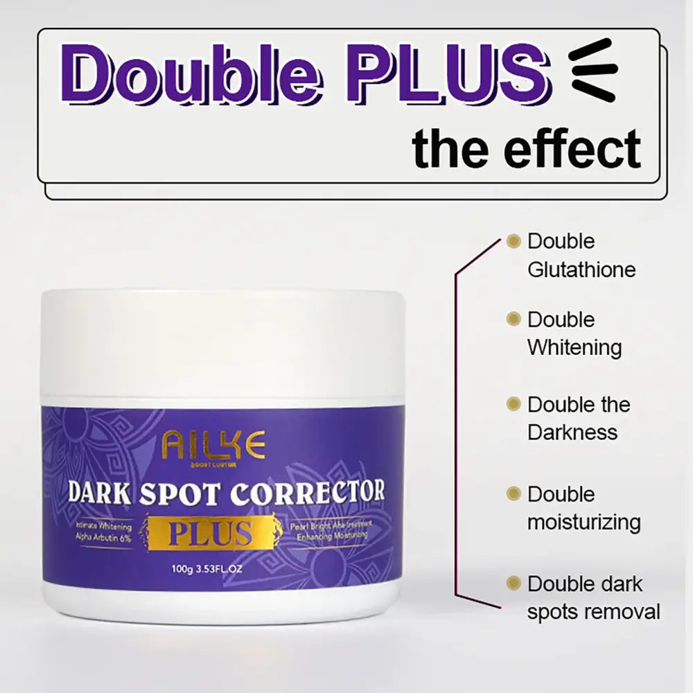 Purple jar of ’Aulie Dark Spot Corrector Plus’ skin cream with product benefits listed beside it.