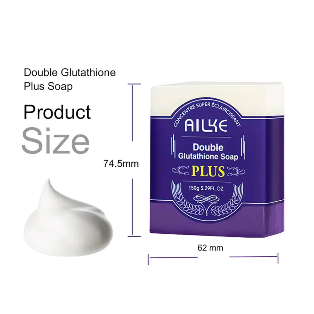 Purple box of Ailke Double Glutathione Plus Soap with product dimensions shown.