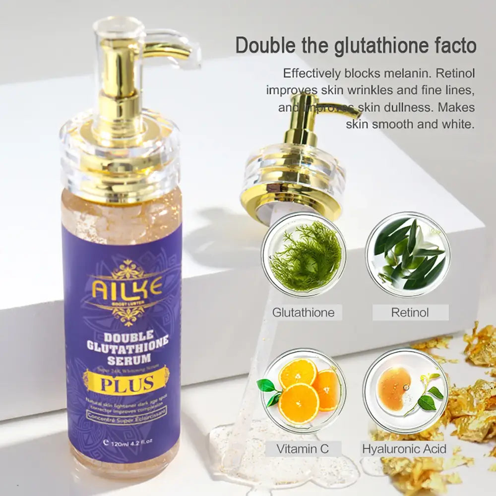 Purple and gold bottle of Aille Double Glutathione Serum Plus with a pump dispenser.