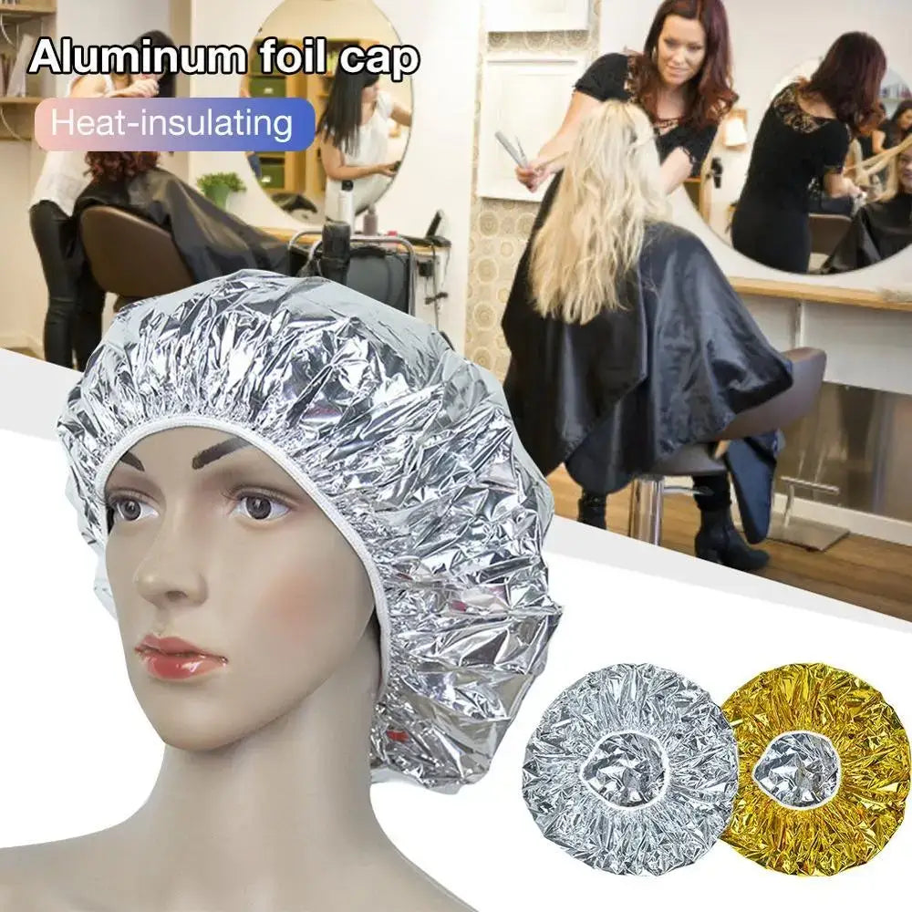 Aluminum foil cap for heat insulation during hair treatments.