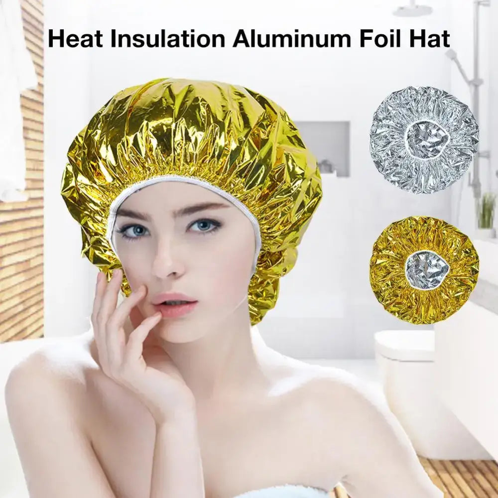 Shiny gold foil hair cap worn by a person with bare shoulders.