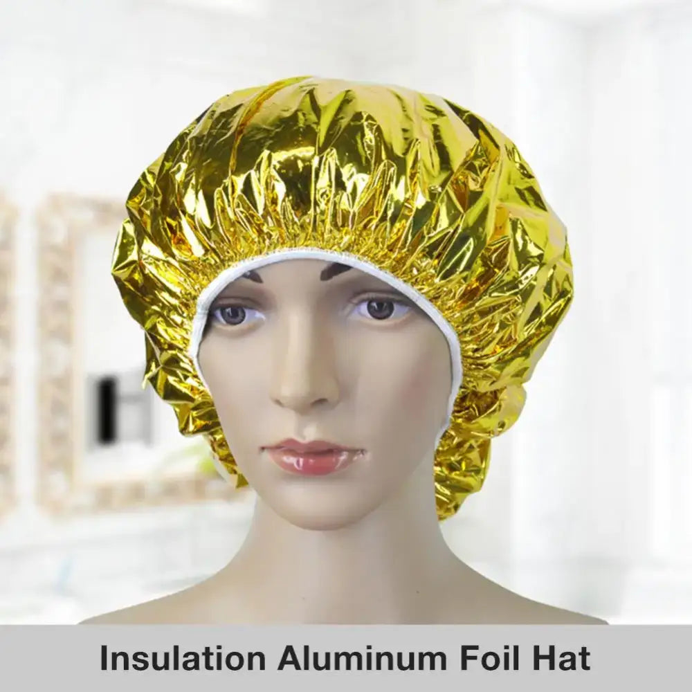 Shiny gold shower cap-like head covering labeled as an ’Insulation Aluminum Foil Hat’.