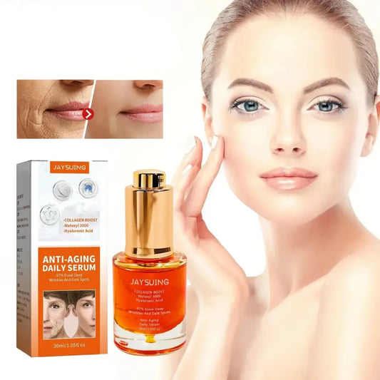 Anti-aging daily serum in an orange and gold bottle with accompanying product box.