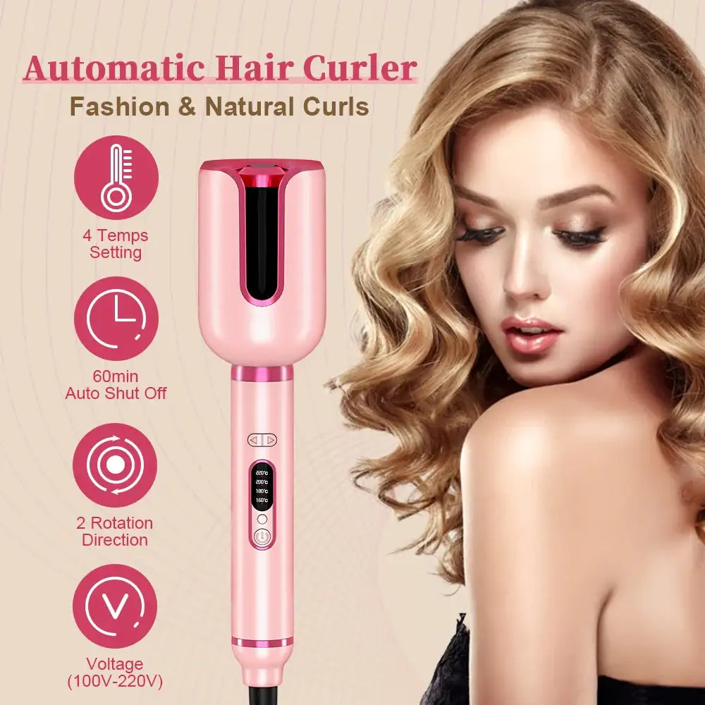 Automatic hair curler device in pink with various settings and features displayed.