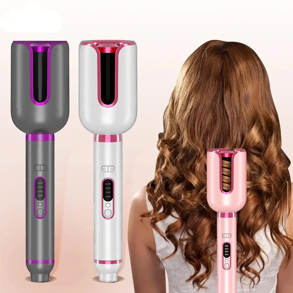 Automatic hair curling device shown in three color variants alongside curled hair.