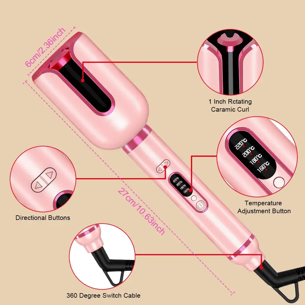 Pink ceramic hair curling iron with labeled features and controls.