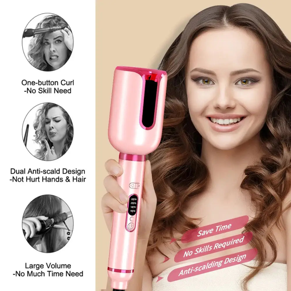 Pink automatic hair curling device held by a smiling woman with wavy brown hair.