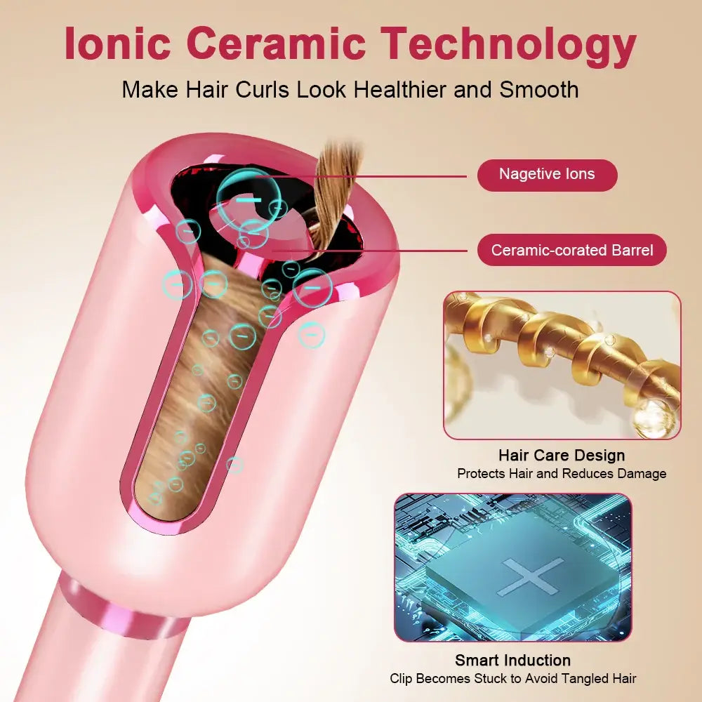 Pink hair curling device featuring ionic ceramic technology.