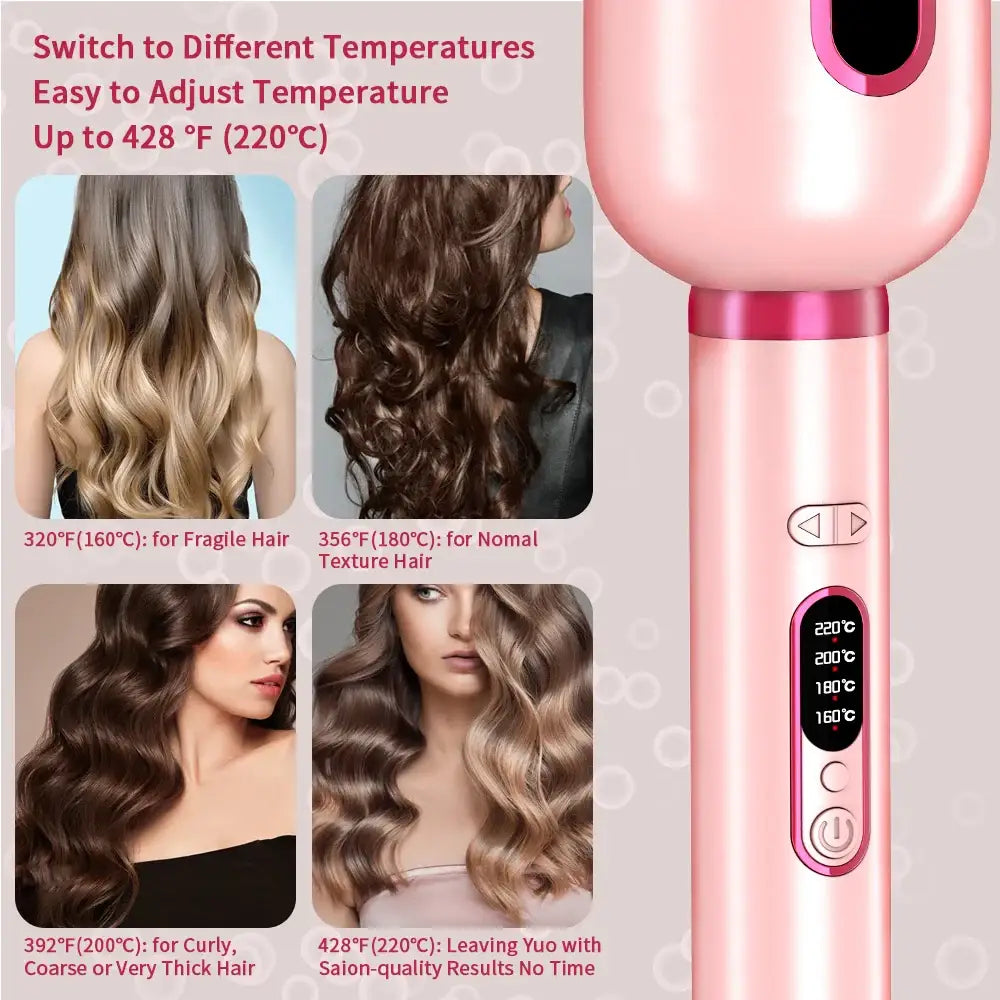 Pink hair styling tool with temperature control and multiple heat settings for different hair types.