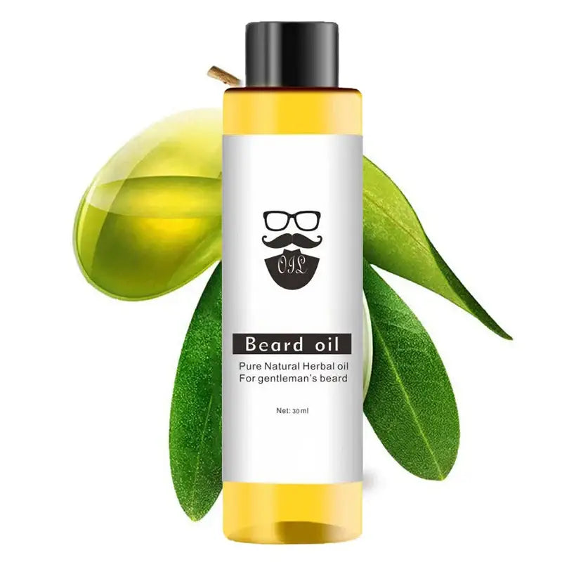 Bottle of beard oil with a logo featuring glasses and a mustache.