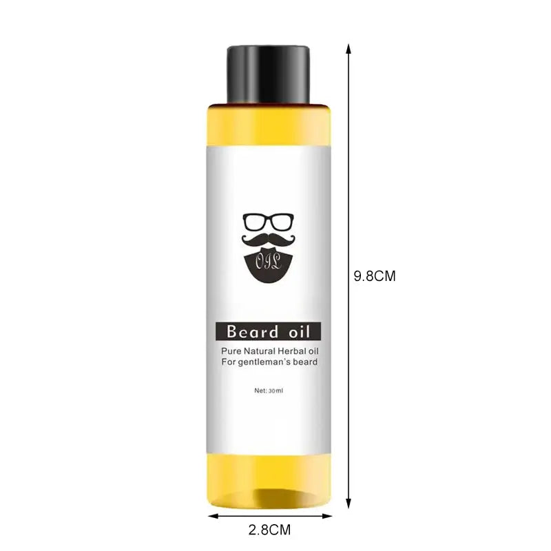 Bottle of beard oil with a logo featuring glasses and a mustache.