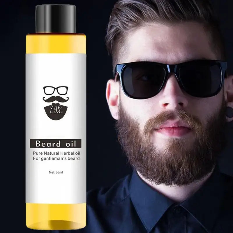 Bottle of beard oil with a logo featuring glasses and a mustache.