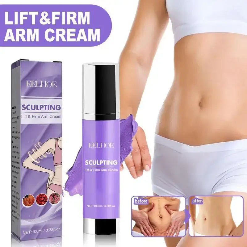 Lift and firm arm cream product with purple packaging and before/after body images.