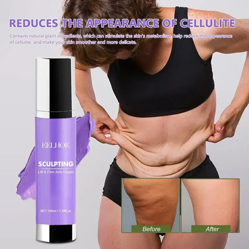 Purple bottle of cellulite-reducing sculpting cream.