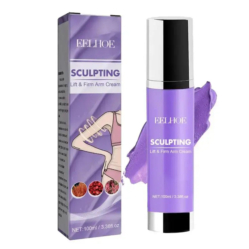 Purple bottle of Belhor Sculpting Lift & Firm Arm Cream with its packaging box.