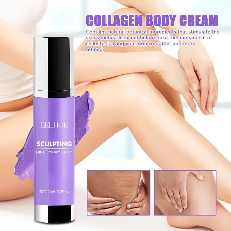 Purple bottle of collagen body cream with ’SCULPTING’ text on the label.