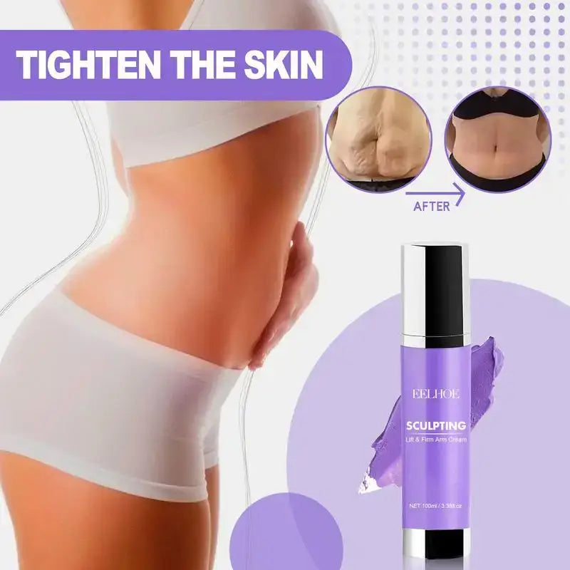 Purple bottle of skin-tightening product with before and after comparison images.