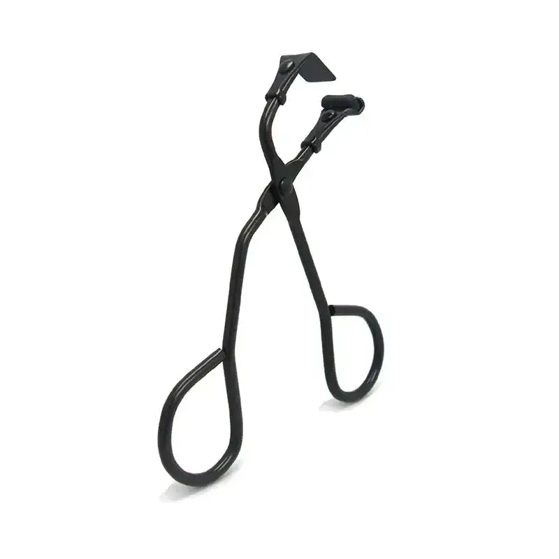 Eyelash curler with black handles and curved metal clamps.