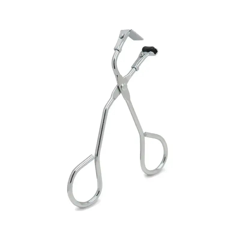 Eyelash curler with silver metal construction and curved handles.