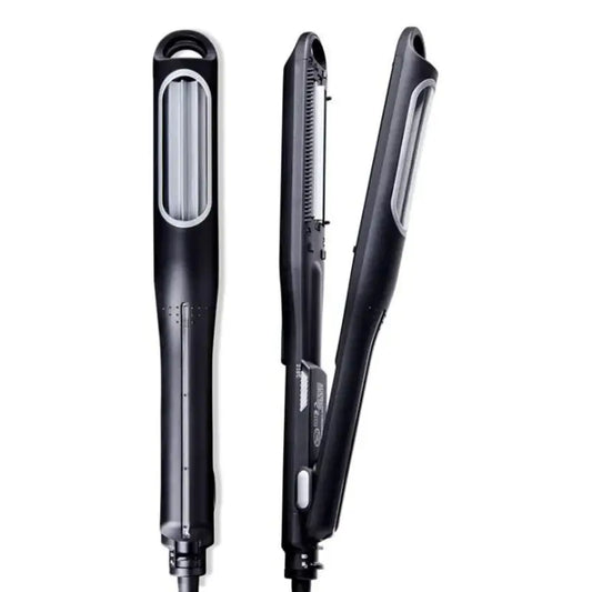 Hair straightener with a black handle and metallic plates.