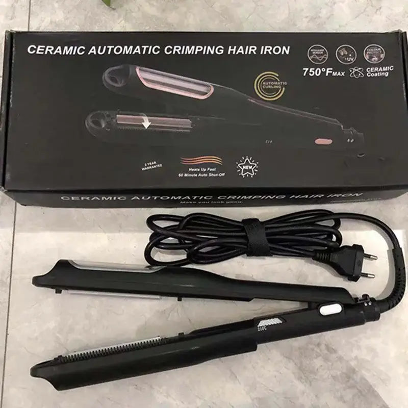 Ceramic automatic crimping hair iron with its packaging and power cord.